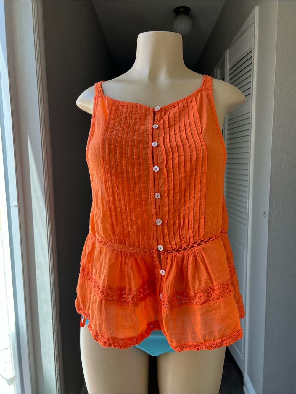 Free People Vibrant Orange Button-Front Peplum Cami